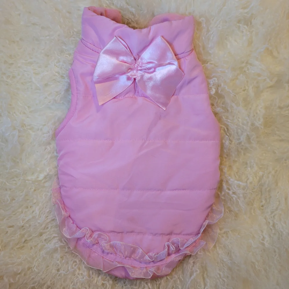 😊 Simply Dog Pink Puffer Vest Jacket Hat Accessory Breeds Lace Bow Velcro Easy - Picture 2 of 8